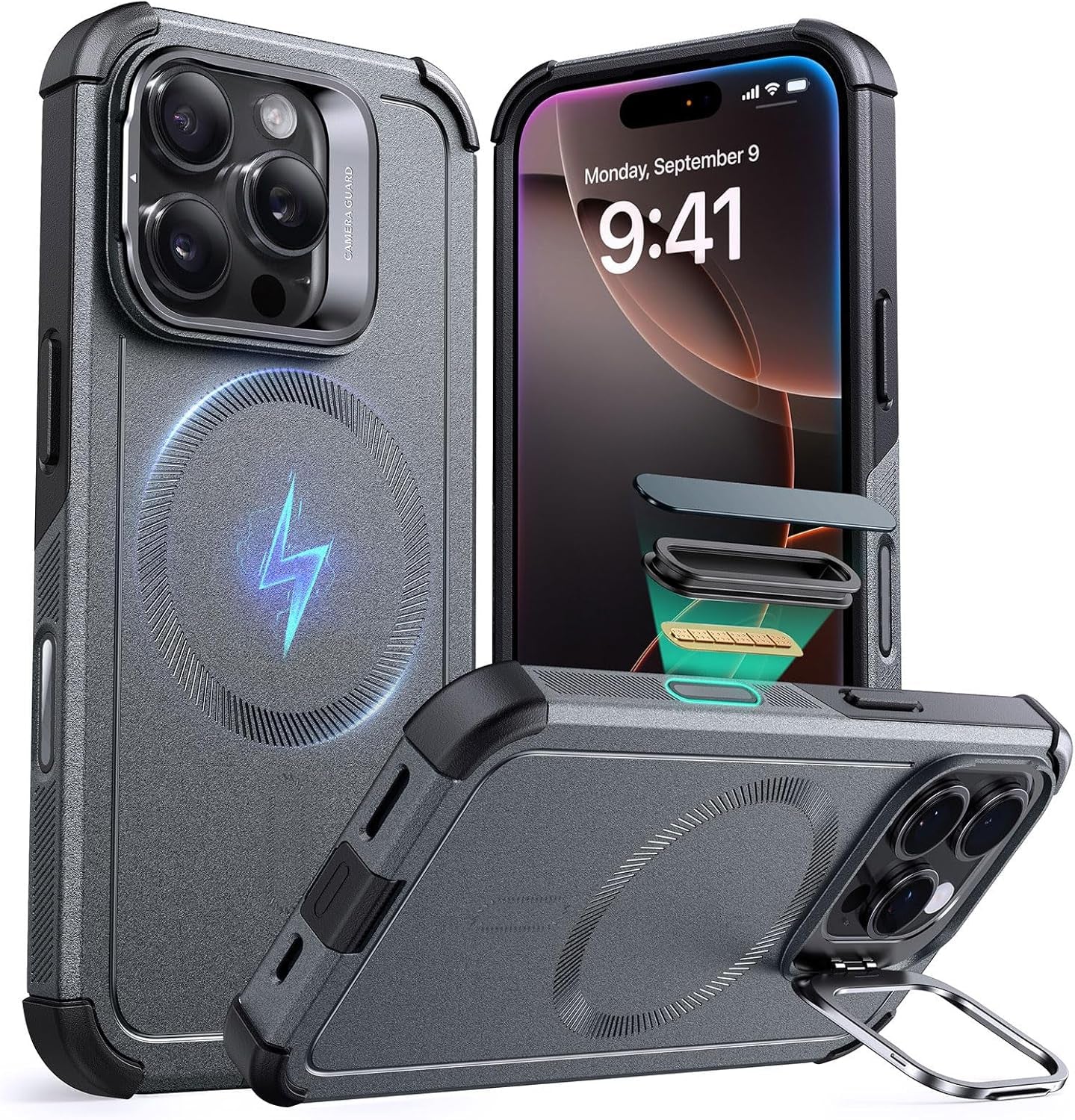 ESR for Iphone 17 Pro Case with Stash Stand, 7X Military-Grade Drop Protection with Camera Control, Shock-Absorbing Phone Rugged Cover, Compatible with Magsafe Accessories, Cyber Series, Black