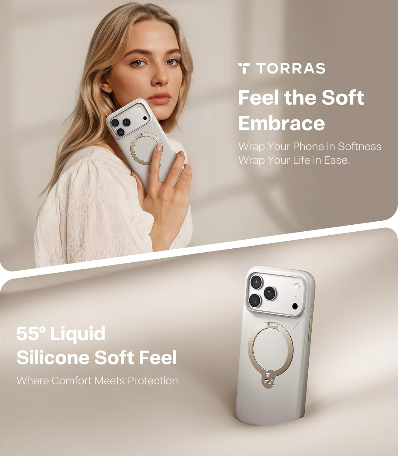 TORRAS Ostand Q3 Silicone for Iphone 17 Pro Max Case, Fit for Magsafe, 360 Spin Stand, Soft Liquid Silicone Cozy Grip, Camera Control, Protective Case for Iphone 17 Pro Max for Women, Ivory Gold