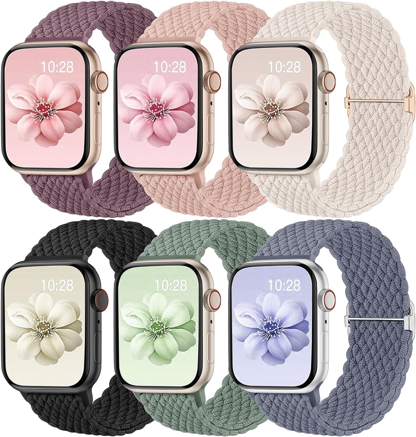6 Pack Braided Stretchy Bands Compatible with Apple Watch Band 38Mm 40Mm 41Mm 42Mm 44Mm 45Mm 49Mm Women Men, Adjustable Soft Nylon Strap for Iwatch Series 9 8 7 6 5 4 3 2 1 SE Ultra/Ultra 2