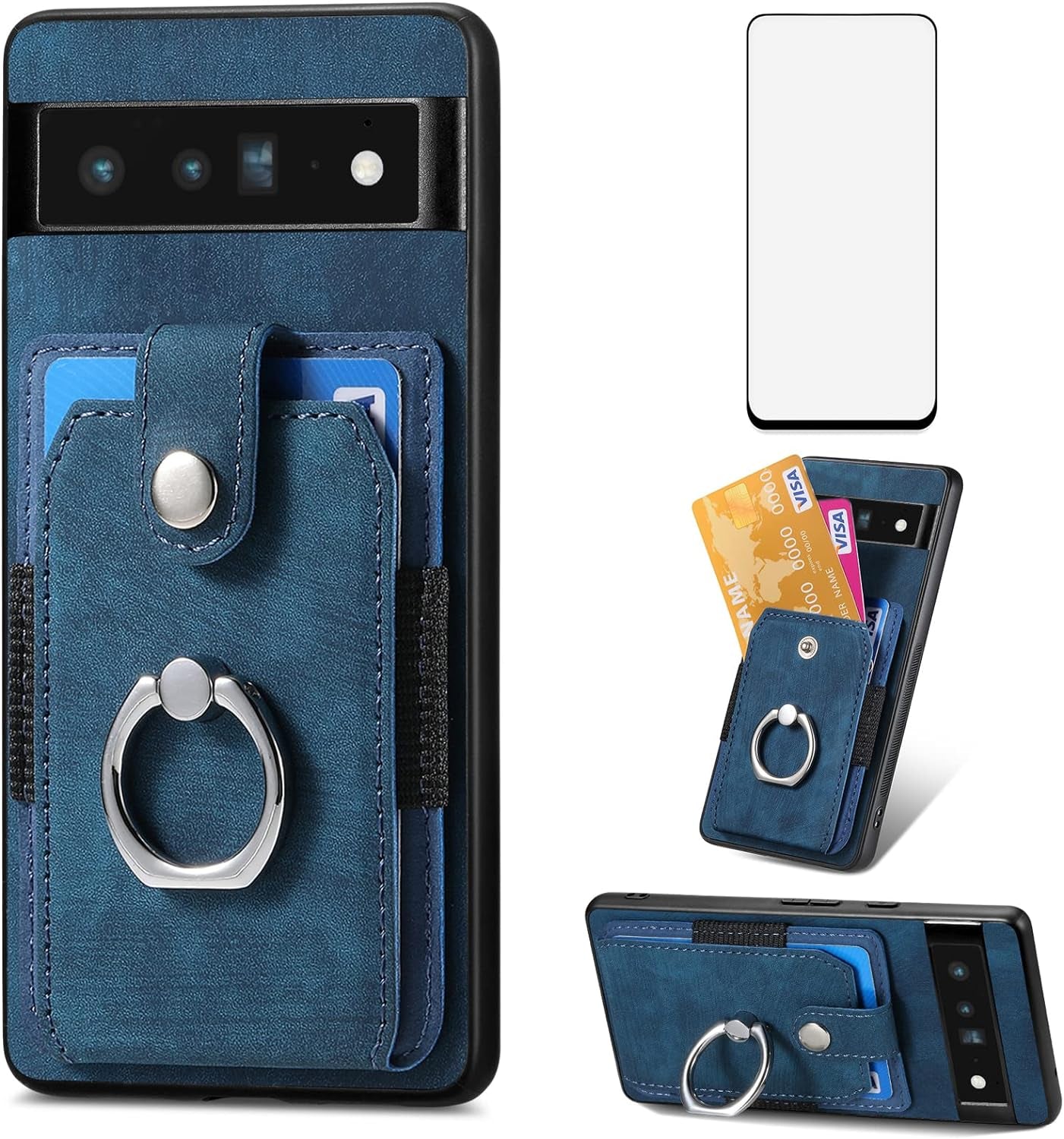 Asuwish Phone Case for Google Pixel 6 Pro Wallet Cover with Tempered Glass Screen Protector and Slim Ring Stand Credit Card Holder Leather Cell Pixel6Pro Pixel6 XL 6XL Pixle 6Pro 5G Women Men Black  Asuwish Blue For Pixel 6 Pro 