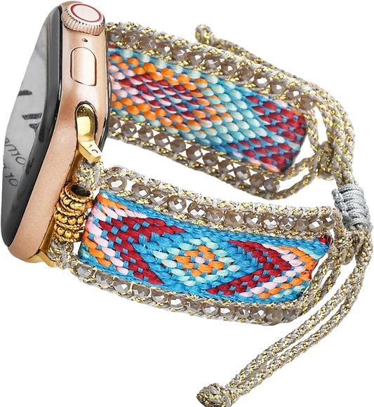 Fancy Woven Braided Nylon Band Compatible with Apple Watch Bands 40Mm 41Mm 38Mm, Retro Boho Friendship Bracelet Handmade Bohemian Beaded Adjustable Dressy Strap Wristbands for Iwatch Bands Series 9/8/7/6 5/4/3/2/SE