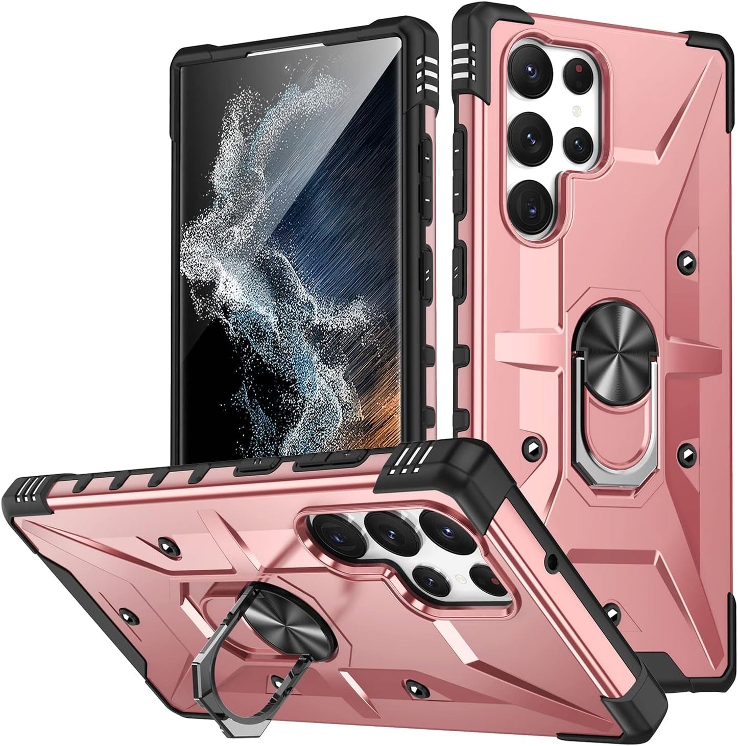 Case for Samsung Galaxy S22 Ultra Case Military Grade Drop Case with Kickstand Metel Ring Magnetic Holder Shockproof Protective for Galaxy S22 Ultra Phone Case (Rose Gold)