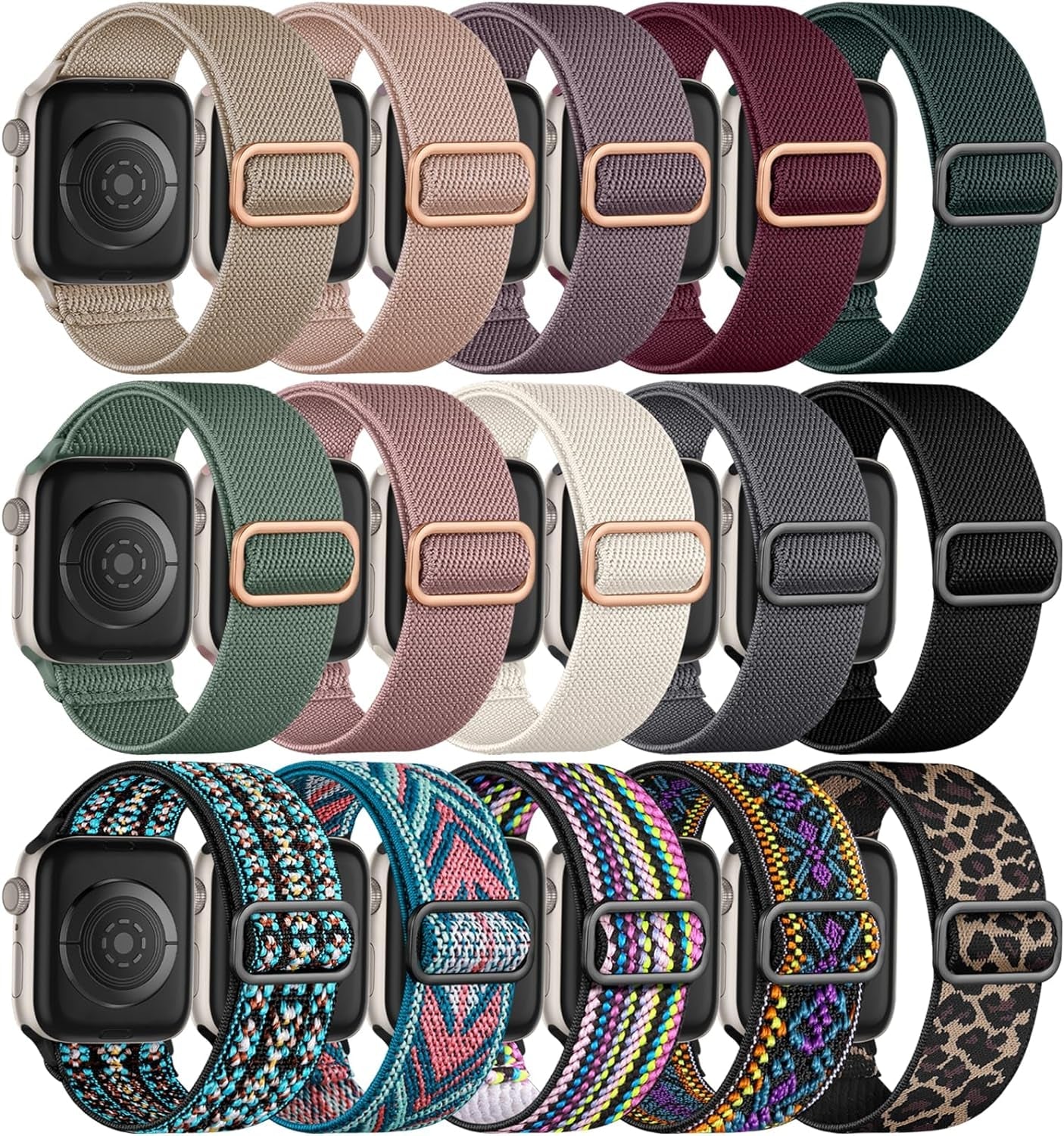 Easuny 15 Pack Stretchy Solo Loop Compatible for Apple Watch Band 38Mm 40Mm 41Mm 42Mm 44Mm 45Mm 49Mm Women Men, Soft Nylon Adjustable Elastic Braided Strap for Iwatch SE Ultra Series 9 8 7 6 5 4 3 2 1