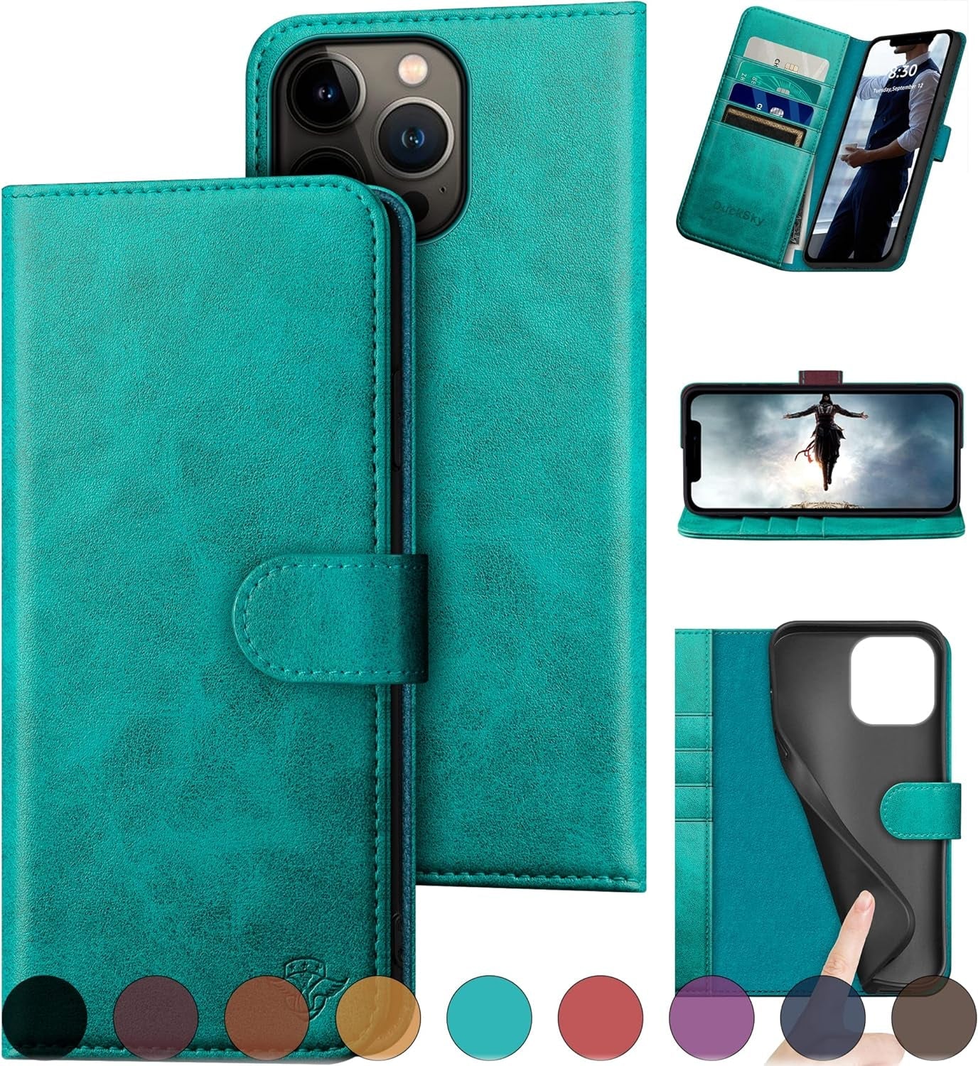 Ducksky for Iphone 15 Pro 6.1" Genuine Leather Wallet Case 【RFID Blocking】【4 Credit Card Holder】【Real Leather】 Flip Folio Book Phone Case Protective Cover Women Men for Apple 15 Pro Case Khaki  DuckSky Blue Green  