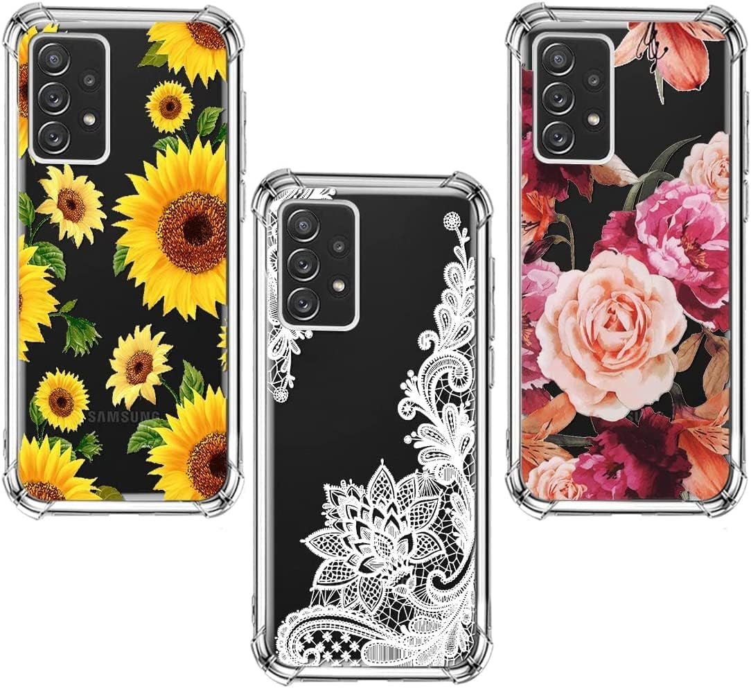 (3-Pack) for Samsung Galaxy A53 5G Case, Soft Clear TPU [Scratch-Resistant] Drop Silicone Bumper Protection Shockproof Phone Case Cover for Samsung Galaxy A53 5G,Flower