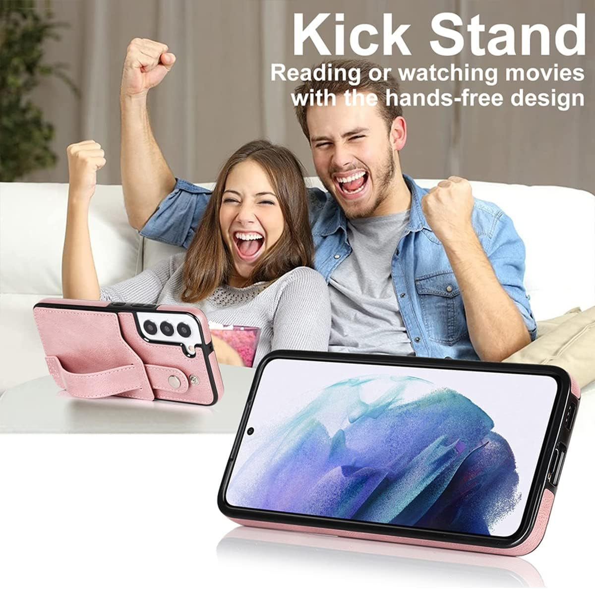 Design for Samsung Galaxy S22 plus 5G Phone Case with Screen Protector Adjustable Wrist Strap Kickstand Credit Card Slot Slim Shockproof Hybrid Rugged Protective Cover for Women 6.6" Rose Gold