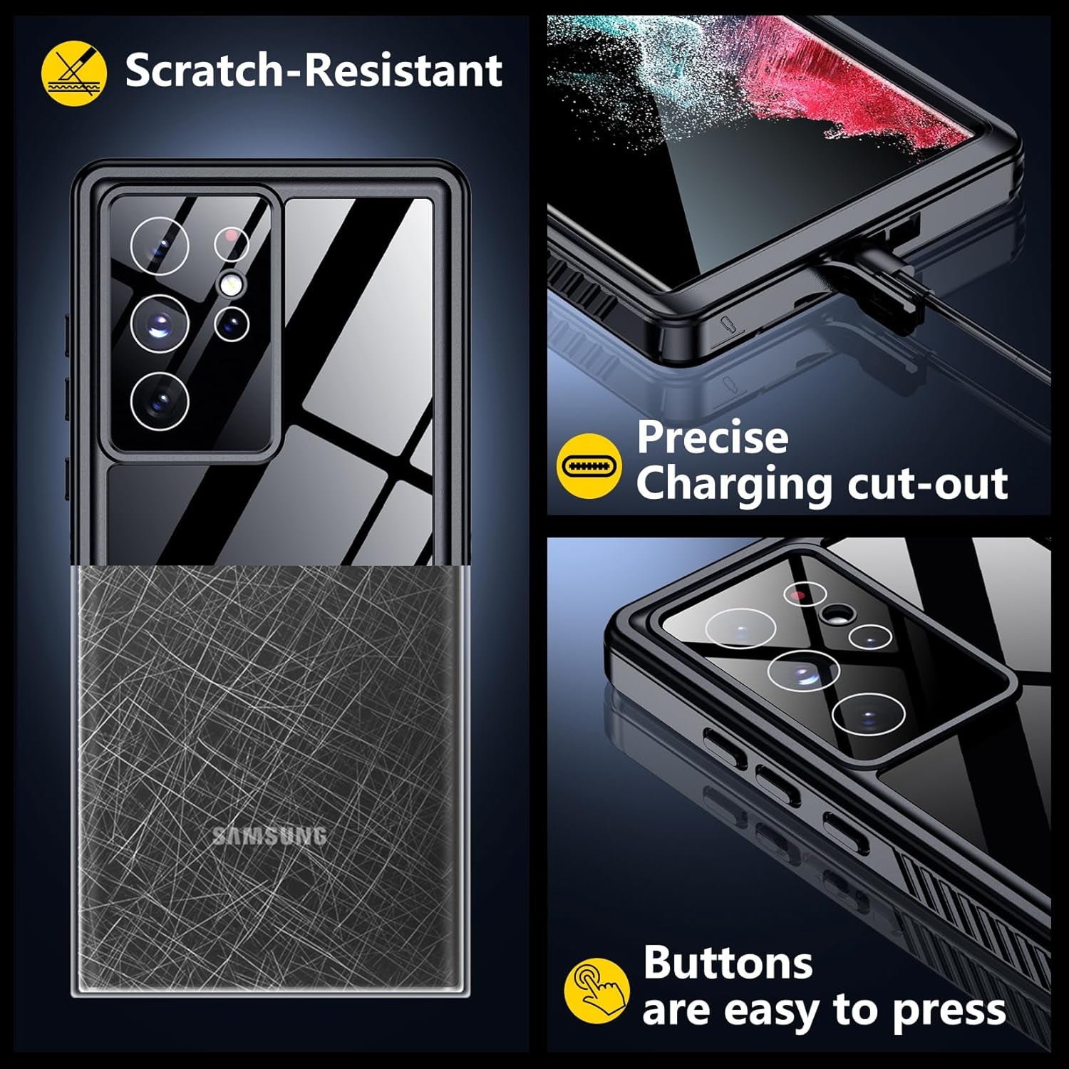 Designed for Galaxy S22 Ultra Case Waterproof, Built-In Screen Protector Full Protection Heavy Duty Shockproof Anti-Scratched Rugged Case for Samsung Galaxy S22 Ultra 6.8'' (Black/Clear)