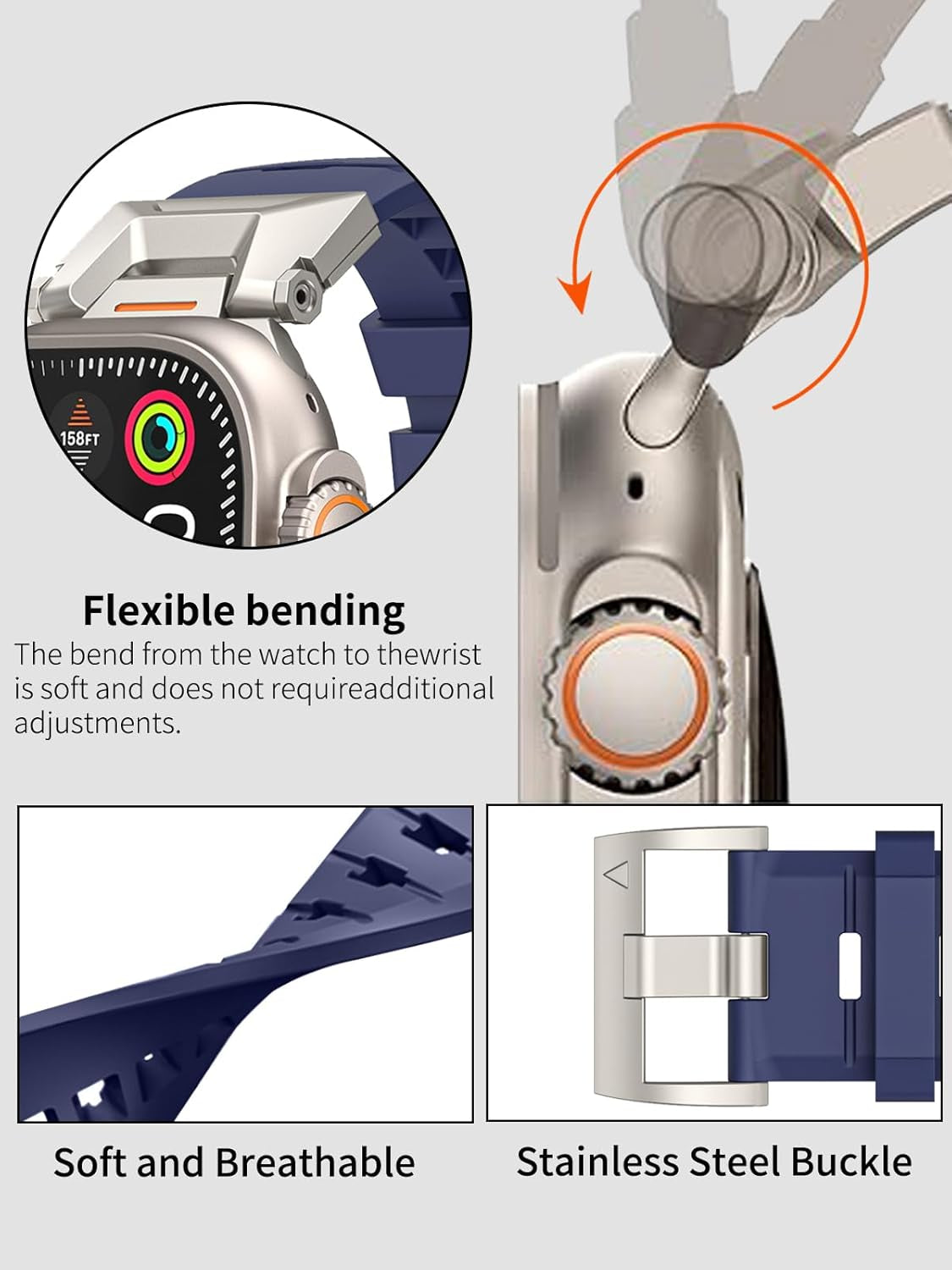 Fluororubber Sport Watch Band Compatible with Apple Watch Ultra 2/Ultra Band 49Mm 45Mm 44Mm 42Mm for Men, Rugged Strap with Stainless Steel Metal Connector for Watch Ultra Series SE 9 8 7 6 5 4 3