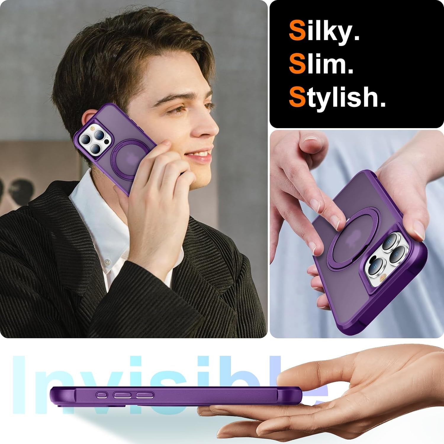 Chaofeng 360° Rotatable Stand for Iphone 15 Pro Case with Magnetic [Military Grade Drop Tested][Adjustable Kickstand] Ring Translucent Slim Hard Back Soft Edge, Purple  CHAOFEnG   