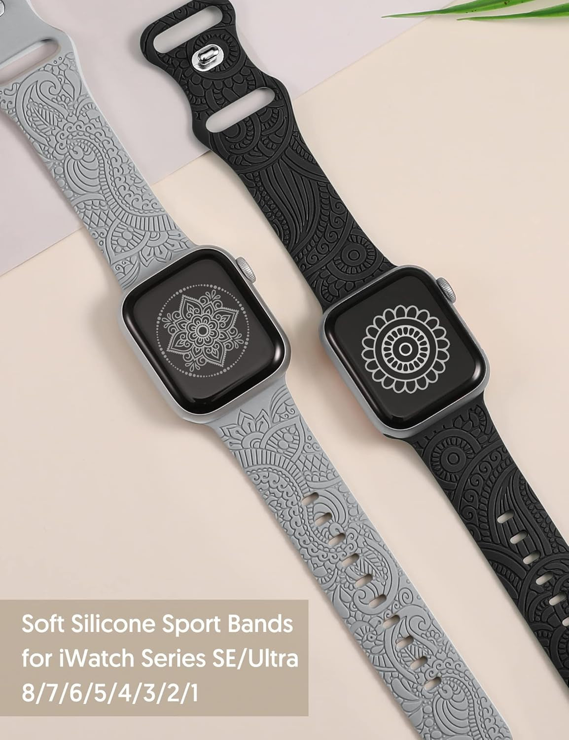 2 Packs Boho Engraved Bands Compatible with Apple Watch Bands 41Mm 40Mm 38Mm 45Mm 44Mm 42Mm 49Mm Women Girls Men, Silicone Sport Fancy Dressy Cute Strap for Iwatch Series 9/Ultra/Se/8/7/6/5/4/3/2/1