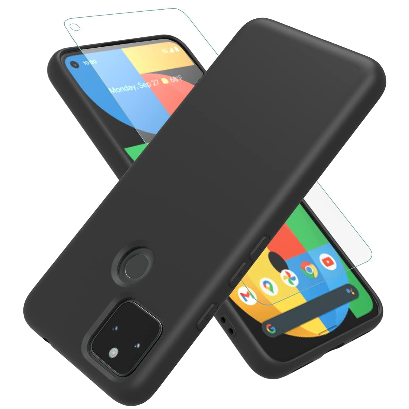 Weycolor for Google Pixel 5A 5G Case with Tempered Glass Screen Protector [2 Pack] ，Liquid Silicone Slim Soft TPU Fit Drop Protection Phone Case for Google Pixel 5A (Dark Green)  Weycolor Black.  