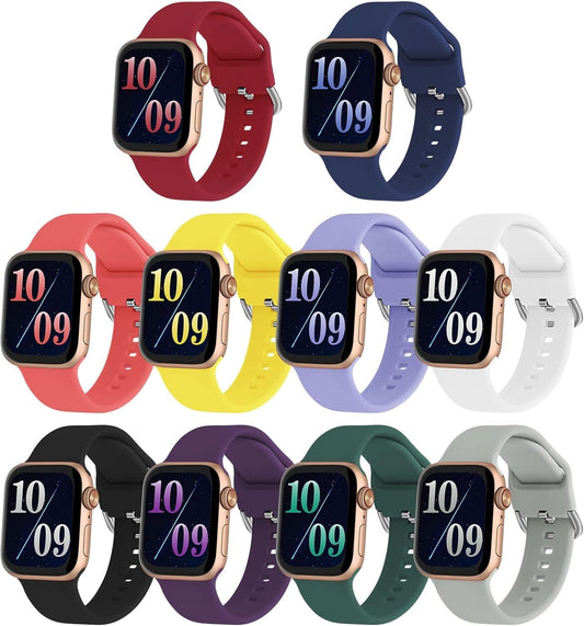 Compatible with Apple Watch Band 38Mm 40Mm 41Mm, 42Mm 44Mm 45Mm Women Men, 10-Pack Silicone Replacement Strap for Iwatch Series 7/6/SE/5/4/3/2/1 with Silver Buckle