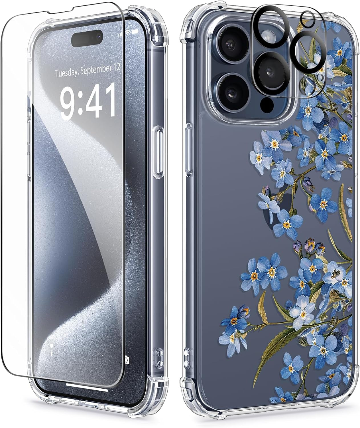 GVIEWIN for Iphone 15 Pro Case Floral, with Screen Protector+Camera Lens Protector, [Not Yellowing] Slim Shockproof Clear Phone Protective Cover for Women, Flower Pattern Design (Ranunculus/Pink)  GVIEWIN Aconite/Blue  