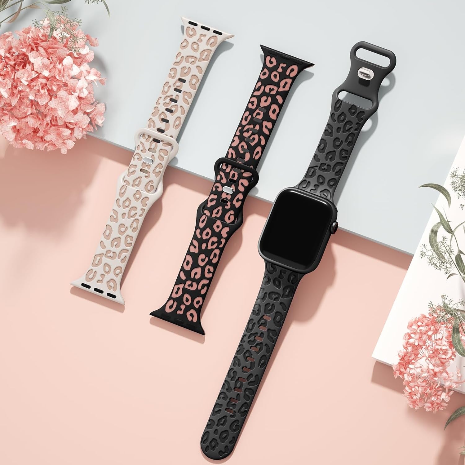 3 Pack Engraved Leopard Bands Compatible with Apple Watch Band 40Mm 41Mm 38Mm 45Mm 44Mm 42Mm 49Mm for Women Men,Cheetah Cute Sport Silicone Strap for Iwatch Series 9 Ultra/Ultra 2 SE 8 7 6 5 4 3 2 1