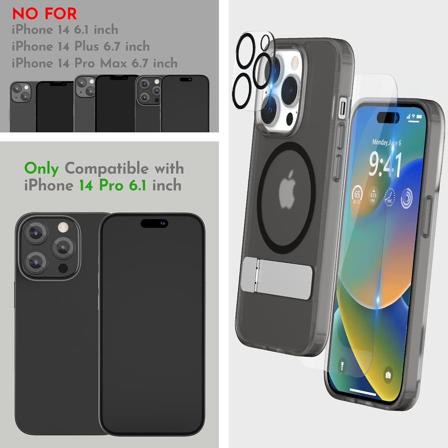 Niunisi Magnetic Case for Iphone 14 Pro Case 6.1-Inch (2022), Slim Kickstand with Screen Protector Compatible with Magsafe Shockproof Translucent Matte Cases Phone Case Cover, Black  Niunisi   