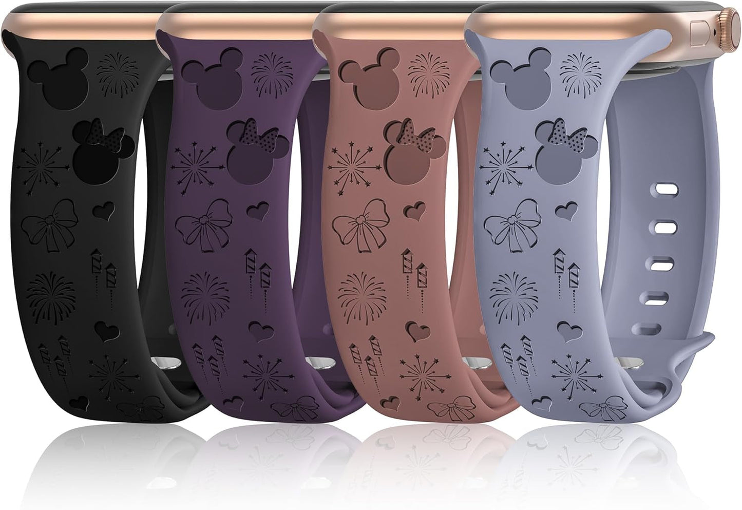 4 Pack Cartoon Engraved Bands Compatible with Apple Watch Band 40Mm 41Mm 38Mm 42Mm 44Mm 45Mm 49Mm Women,Soft Silicone Cute Designer Strap for Iwatch Bands Series SE 8 6 5 4 3 2 1 Ultra