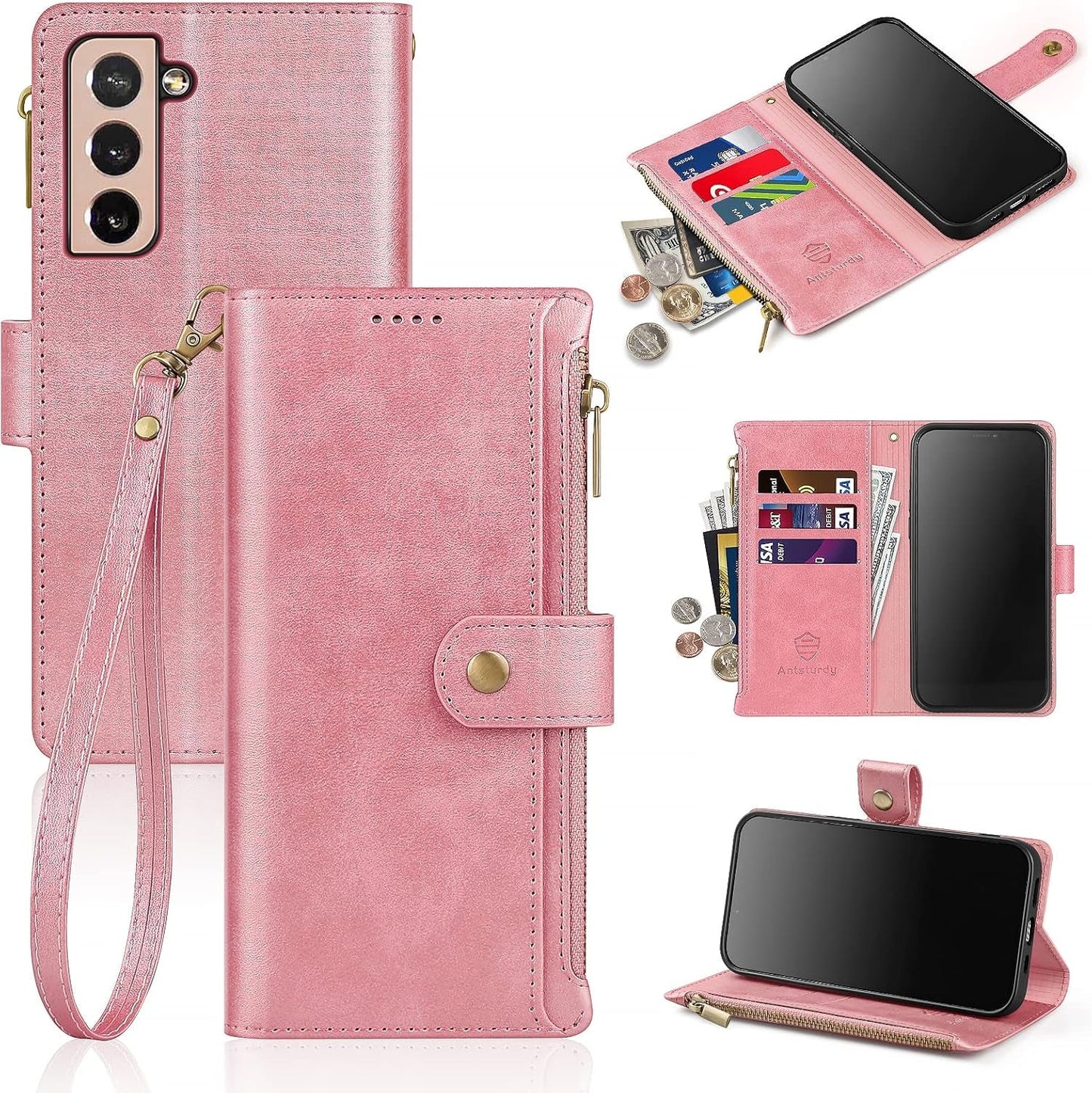 Antsturdy Samsung Galaxy S22+/S22 plus Case Wallet with Card Holder for Women Men,Galaxy S22+/S22 plus Phone Case RFID Blocking PU Leather Flip Cover with Strap Zipper Credit Card Slots,Light Purple