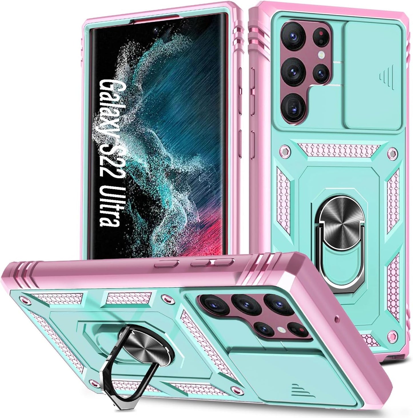 Case for Galaxy S22 Ultra, Shockproof Impact Resistant with Slide Lens Protective Cover Case for Samsung Galaxy S22 Ultra 4G/5G 6.8" (Green)