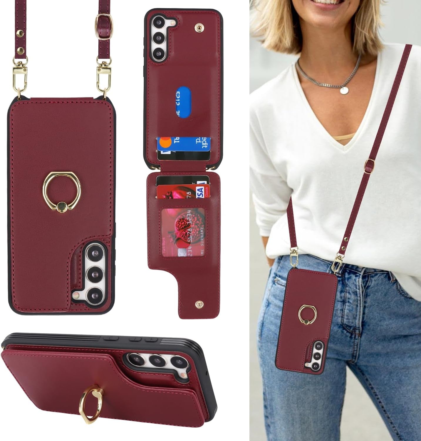 For Samsung Galaxy S22 Ultra Case with Card Holder and Strap for Women,Crossbody Lanyard,Ring Stand,Snap Clasp,Phone Wallet Cases 6.8 Inch(Purple)