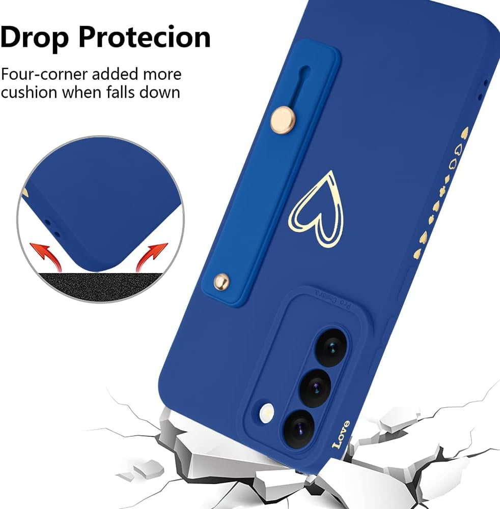 Fiyart Designed for Galaxy S22 plus 5G Case with Phone Stand Holder Cute Love Hearts Pattern Slim Protective Camera Protection Cover with Wrist Strap for Women Girls for S22 plus 5G 6.6"-Dark Blue