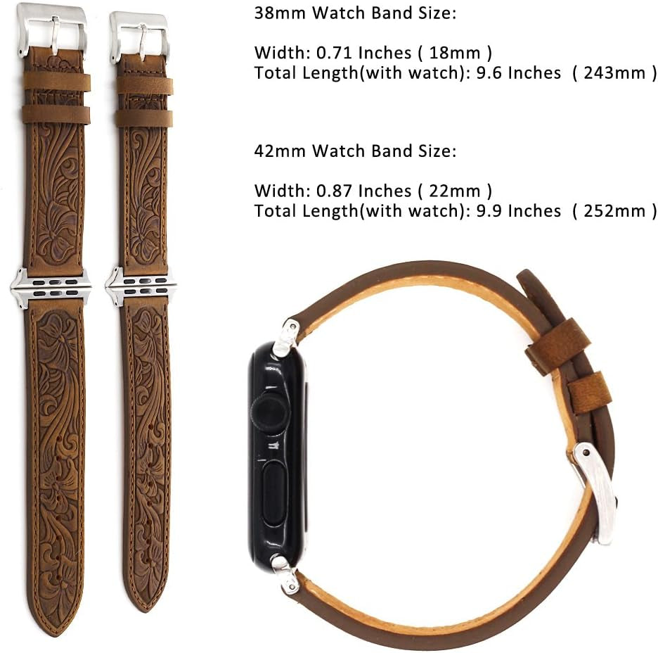 For Apple Watch Band Leather 40Mm 38Mm 44Mm 42Mm, Retro Pattern Leather Classical Replacement Smart Watch Band for Iwatch Men Women Series SE 6 5 4 3 2 1