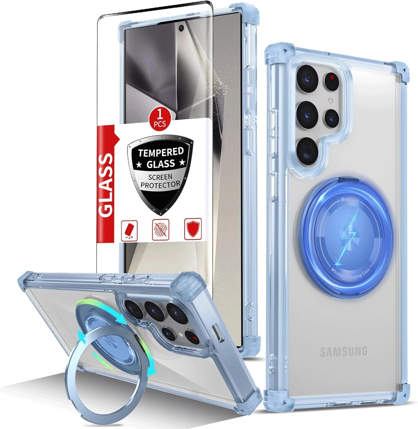 For Samsung Galaxy S22 Ultra Case Magnetic Compatible with Magsafe Galaxy S22Ultra Case with Glass Screen Protector,With Kickstand Military Grade Drop Protection Shockproof S22Ultra Case Clear