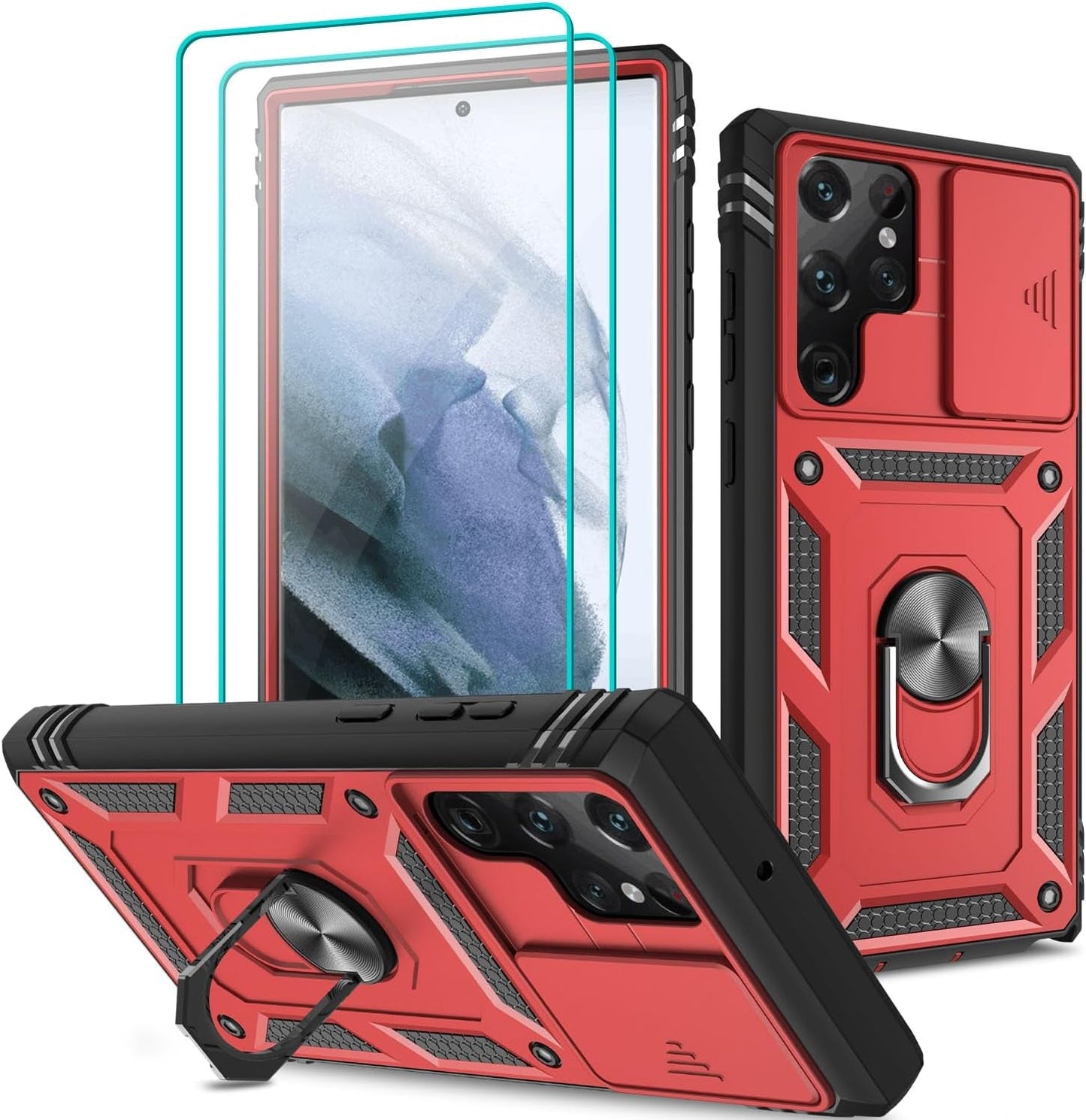 For Samsung Galaxy S22 Ultra Case with Slide Camera Cover & Screen Protector*2, S22 Ultra Case Build in 360° Rotating Ring Kickstand, Military Grade Protective Case for Galaxy S22 Ultra Case, Black