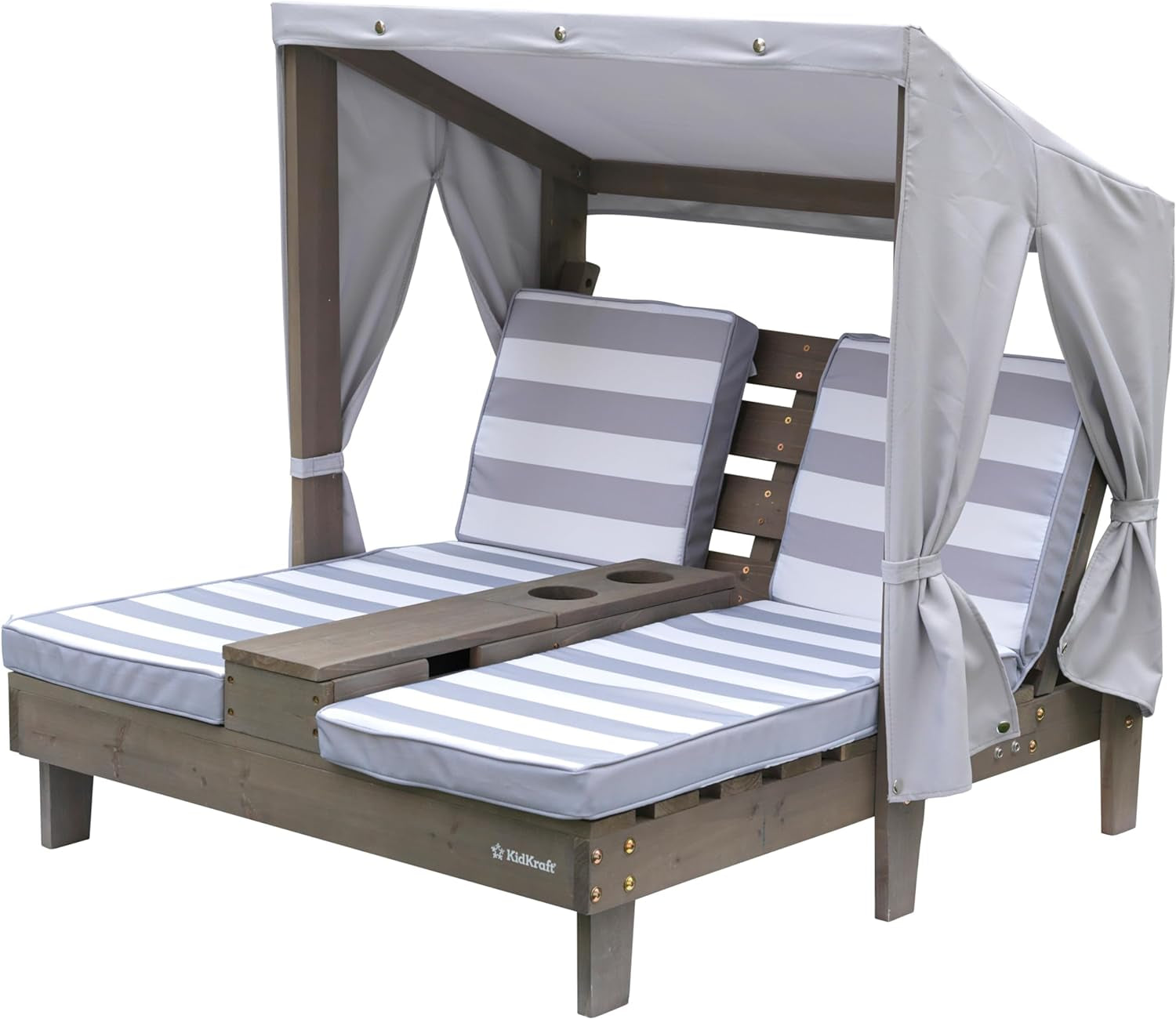 Kidkraft Wooden Outdoor Double Chaise Lounge with Cup Holders, Patio Furniture for Kids or Pets, Espresso with Oatmeal and White Striped Fabric  KIDKRAFT (DropShip) Grey  