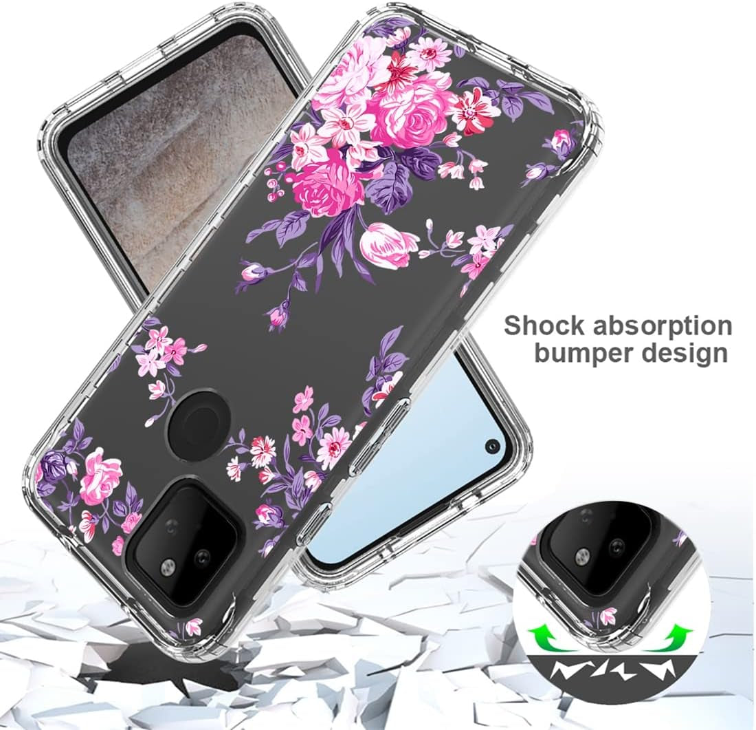 Case for Google Pixel 5A 5G Case with Tempered Glass Screen Protector, Full Body Shockproof Clear Floral Soft TPU Slim Phone Protective Armor Cover for Google Pixel 5A 5G (Rose Flower)  Sidande   