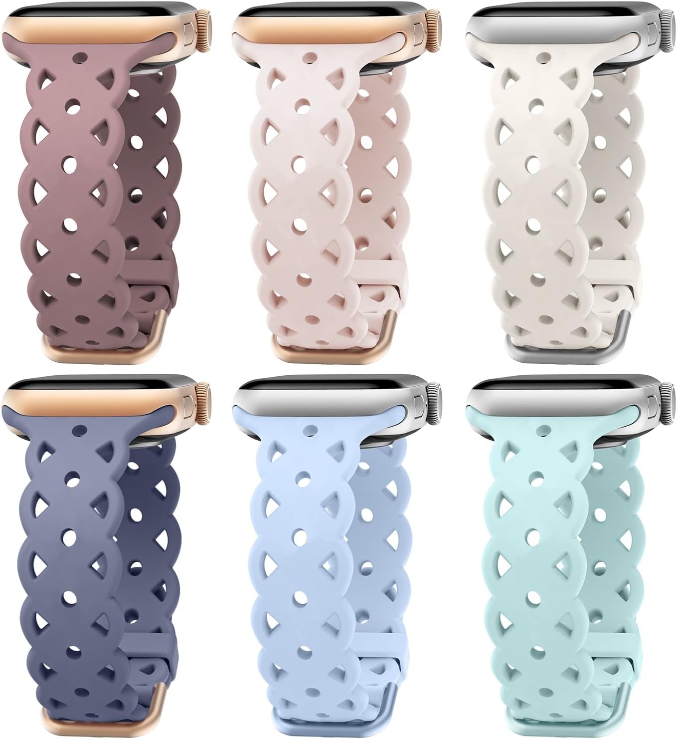 6-Pack Lace Silicone Bands Compatible with Apple Watch Bands 38Mm 40Mm 41Mm Women, Floral Engraved Cute Silicone Strap for Iwatch Series 9 8 7 6 5 4 3 2 1 Ultra SE