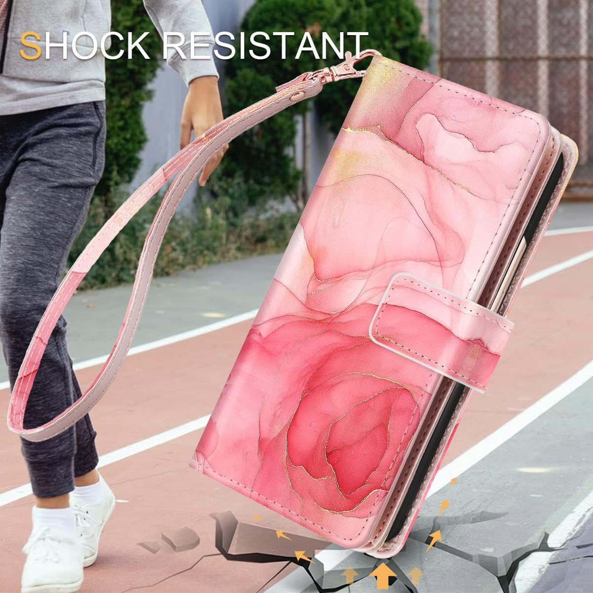 Fingic Compatible with Samsung Galaxy A53 Case Wallet, Rose Gold Marble 9 Card Holder PU Leather Detachable Wrist Strap Wallet Case for Women Cover for Samsung Galaxy A53 5G, Rose Gold