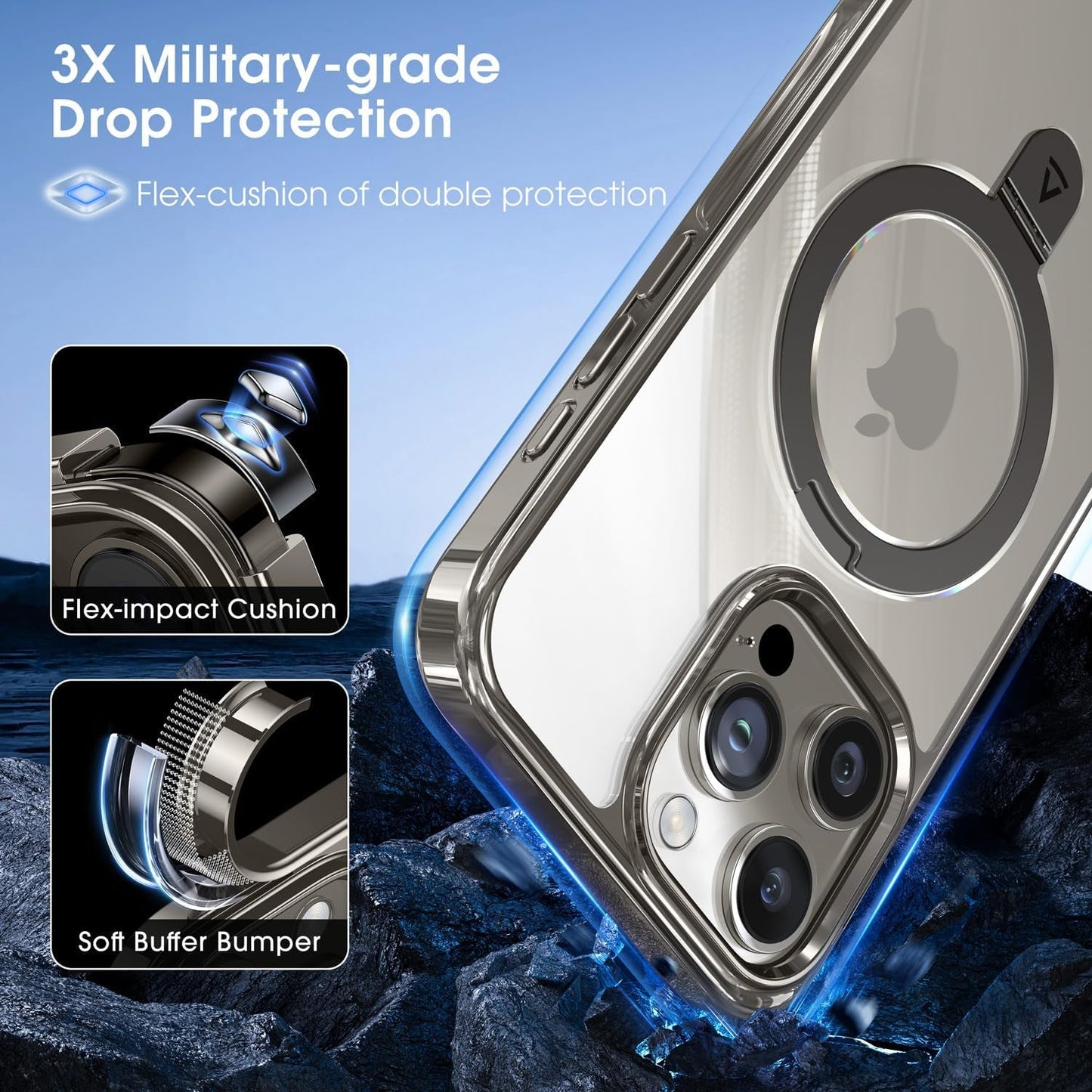 Alphex Invisible Stand Magnetic for Iphone 15 Pro Max Case, Compatible with Magsafe, Official Match for Iphone, 12FT Military Grade Shockproof Phone Cover 6.7 Inch, Natural Titanium, Gray  Alphex   