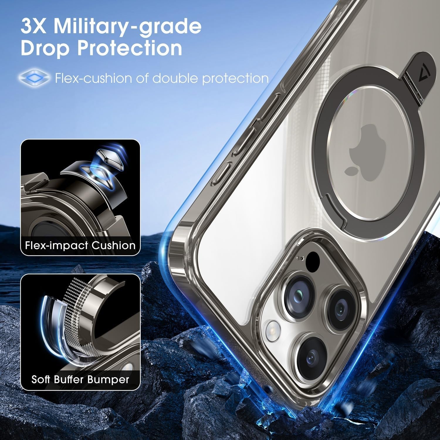 Alphex Invisible Stand Magnetic for Iphone 15 Pro Max Case, Compatible with Magsafe, Official Match for Iphone, 12FT Military Grade Shockproof Phone Cover 6.7 Inch, Natural Titanium, Gray  Alphex   