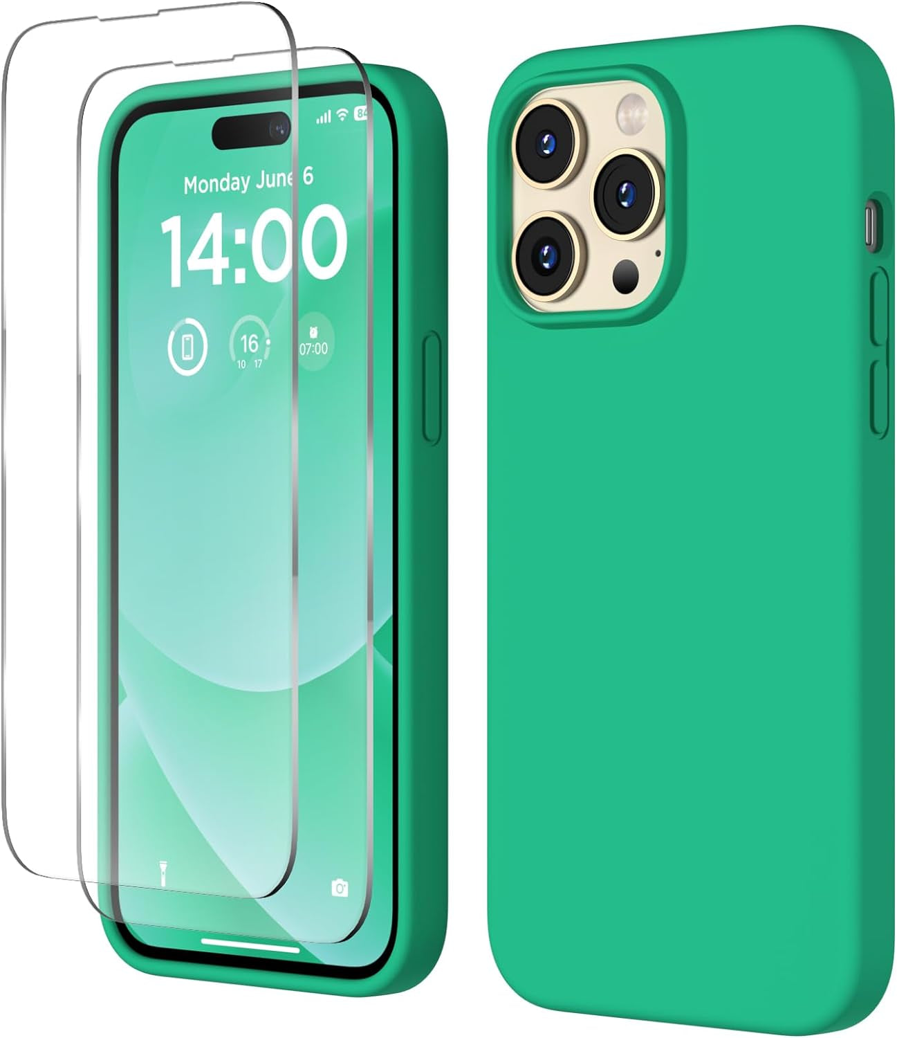 COFFKER Designed for Iphone 14 Pro Max Case, Liquid Silicone Case [2X Screen Protectors], Shockproof Slim Thin Protective Phone Case with Soft Anti-Scratch Microfiber Lining, 6.7 Inch, Calke Green  COFFKER Emerald Green  