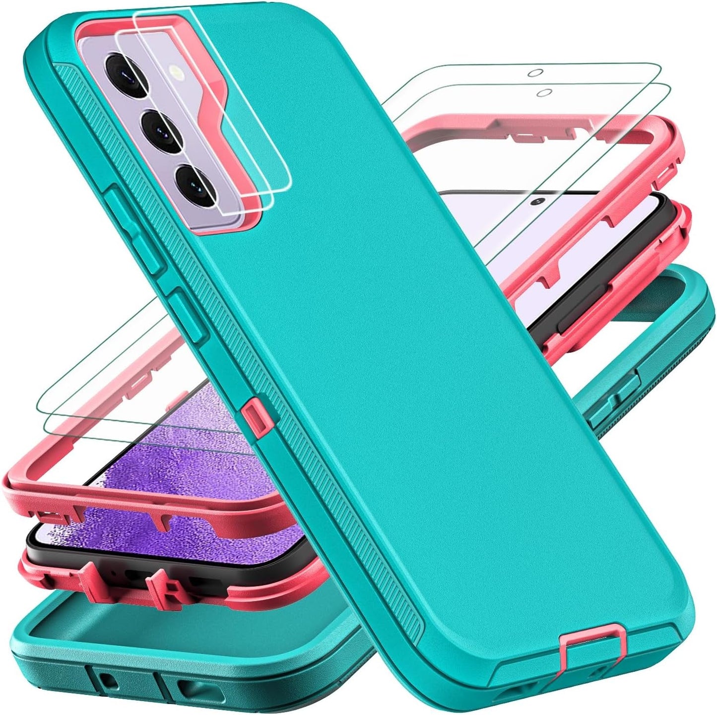 For Samsung Galaxy S22 Case, with 2Pcs [Self Healing Flexible TPU Screen Protector & Camera Lens Protector] Military Grade 3 in 1 Heavy Duty Case for Galaxy S22 5G 6.1 Inch (Purple/Pink)