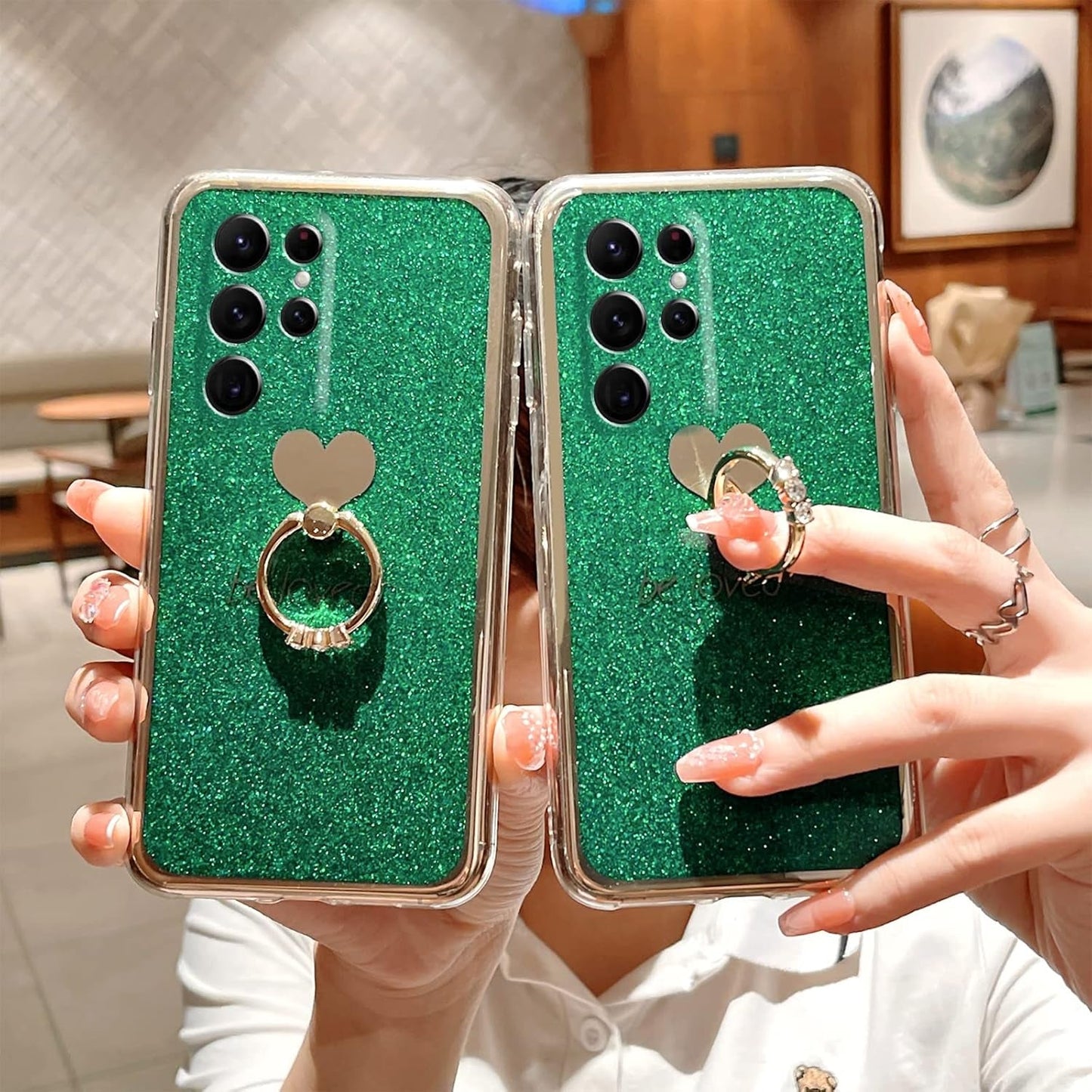 For Samsung Galaxy S22 Ultra Case (6.8-Inch) with Ring Kickstand Girls Woman Cute Glitter Slim Soft Silicone Bumper Shockproof Drop Protective Cover - Green