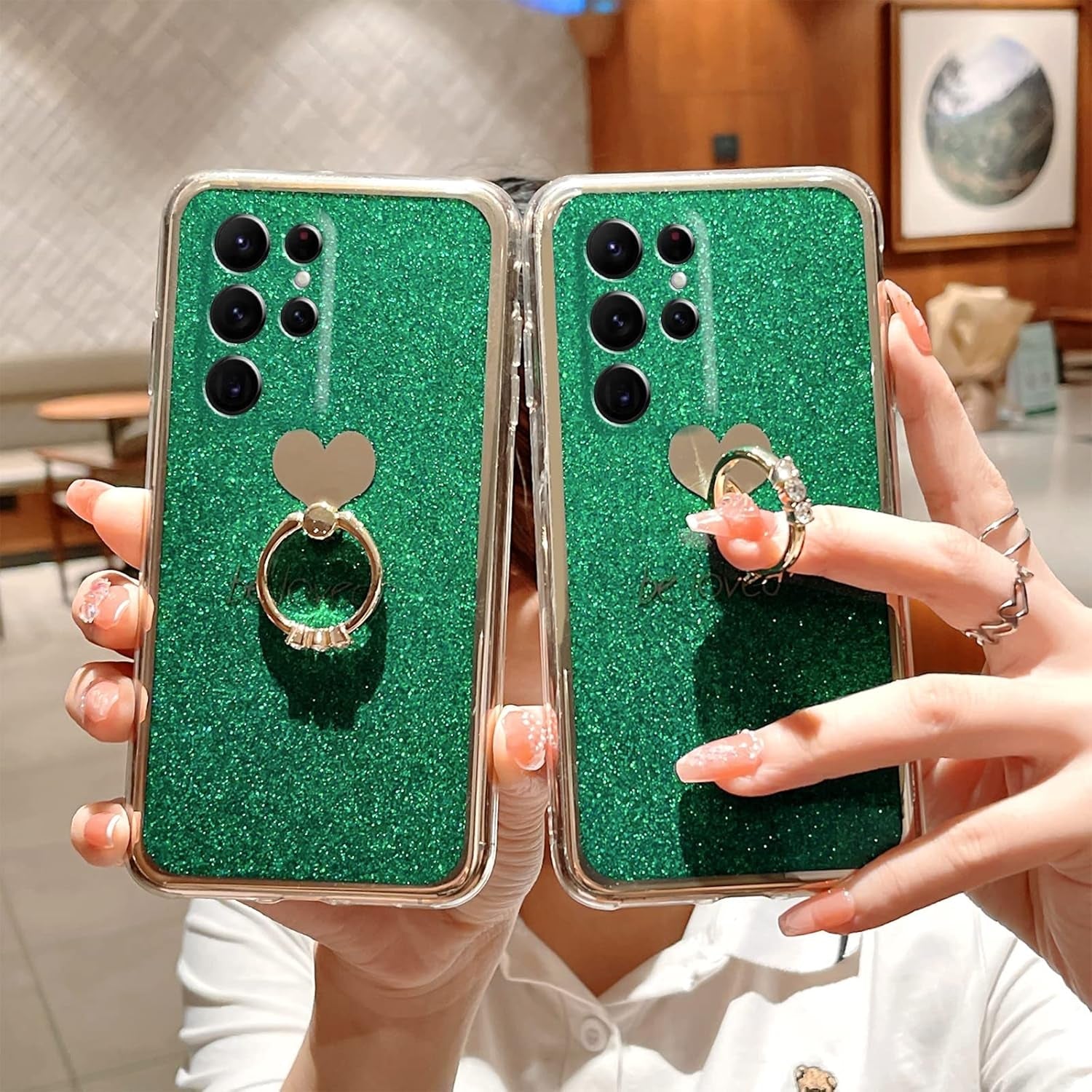 For Samsung Galaxy S22 Ultra Case (6.8-Inch) with Ring Kickstand Girls Woman Cute Glitter Slim Soft Silicone Bumper Shockproof Drop Protective Cover - Green