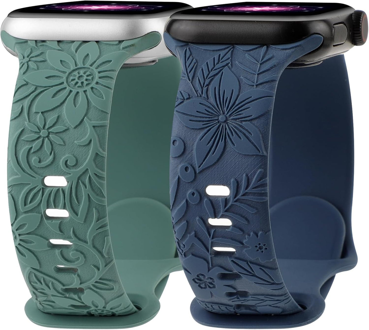 Floral Engraved Band Compatible with Apple Watch Bands 40Mm 41Mm 38Mm 42Mm 44Mm 45Mm 49Mm Women, Cute Soft Flower Silicone Designer Sport Strap for Iwatch Ultra 2 SE Series 9 8 7 6 5 4 3 2 1