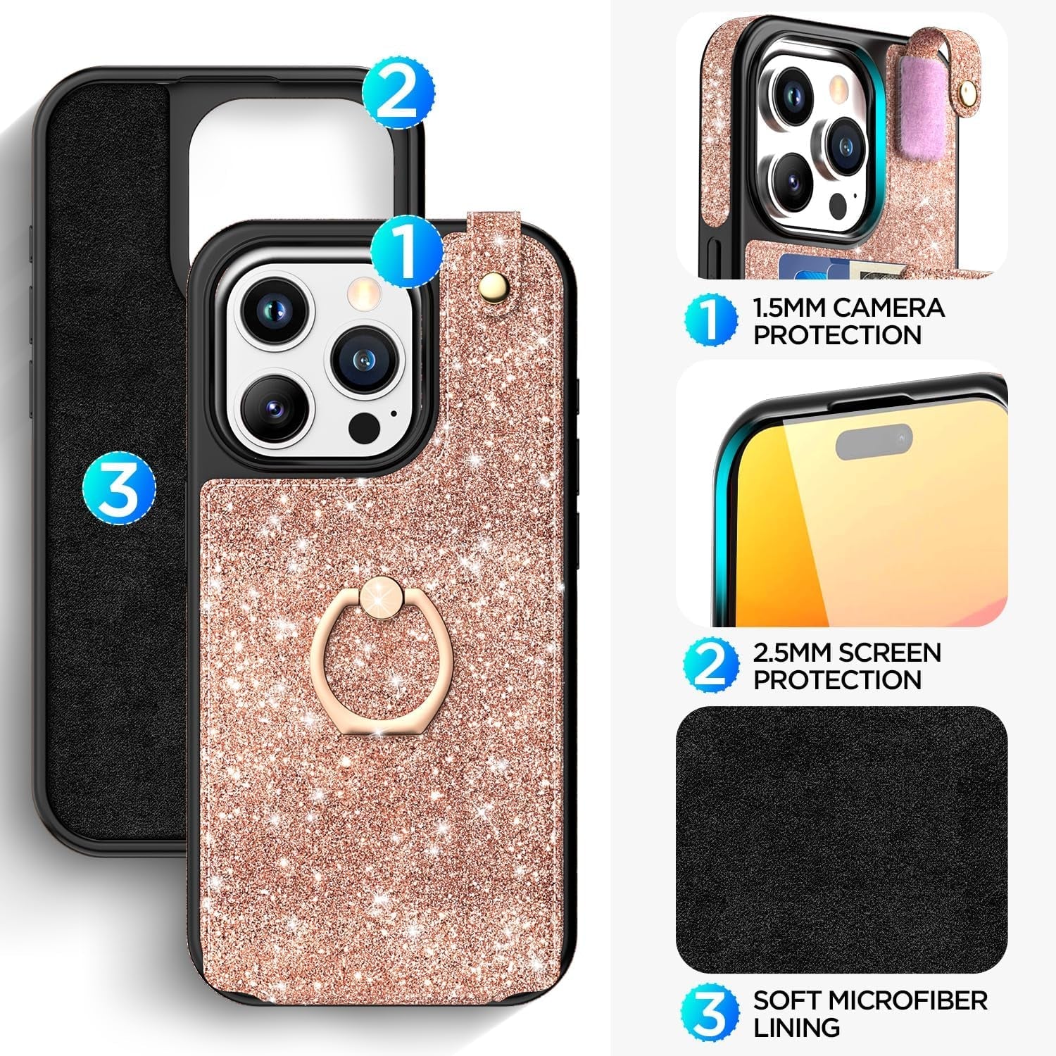 Aicase Card Holder Case Compatible with Iphone 15 Pro Max, Wallet Phone Case Glitter Sparkly Protective Cover for Women with Ring Kickstand and 8 Credit Card Slots, Rose Gold  AICase   