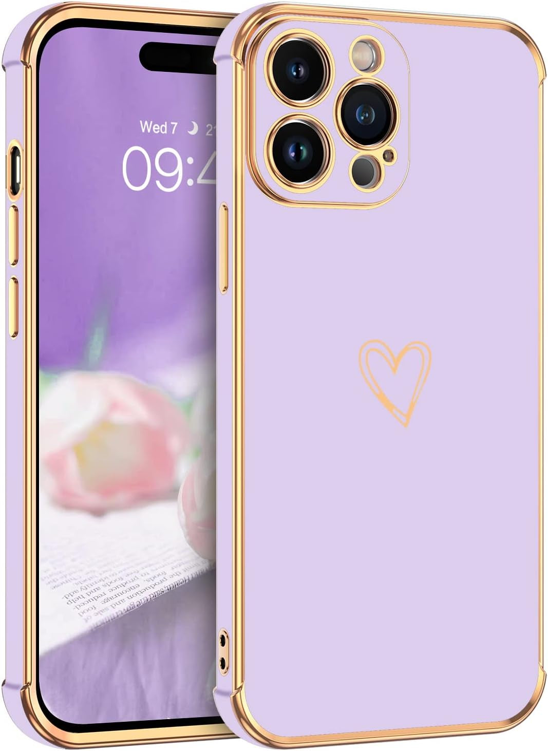 BENTOBEN Iphone 14 Pro Case, Slim Fit Cute Heart Pattern 14 Pro Phone Case, Soft Flexible Shockproof TPU Bumper Women Girls Non-Slip Lightweight Charging Protective Cover for Iphone 14 Pro 6.1", Gray  BENTOBEN T224-Lavender Purple/Gold  