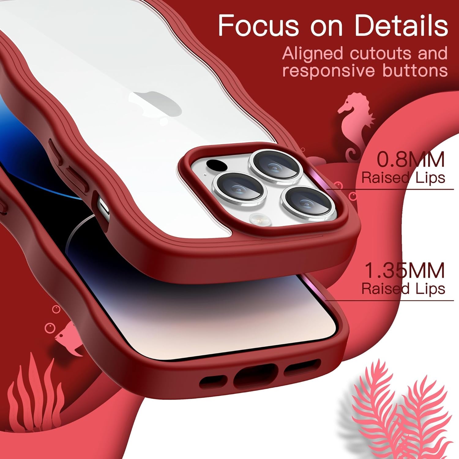 Jetech Cute Case for Iphone 14 Pro 6.1-Inch, Wave Frame Curly Shape Shockproof Phone Cover for Women and Girls, Clear Hard PC Back (Red)  JETech   