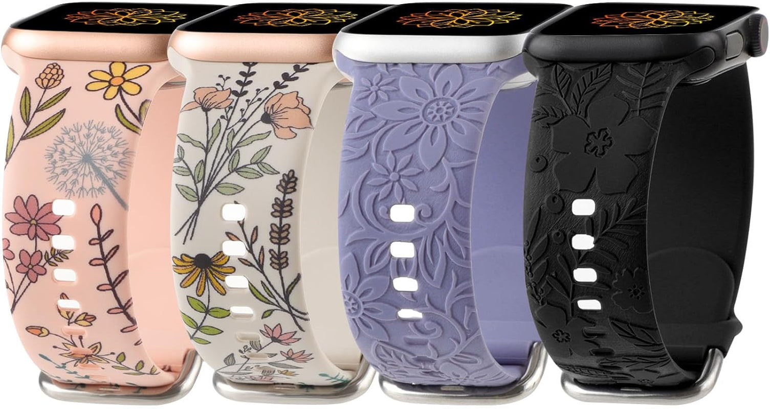 Flower Engraved Print Bands Compatible with Apple Watch Band 40Mm 41Mm 38Mm 42Mm 44Mm 45Mm 49Mm Women, Fancy Soft Silicone Sport Strap for Iwatch Series 9 Ultra 2 SE Ultra 8 7 6 5 4 3 2 1