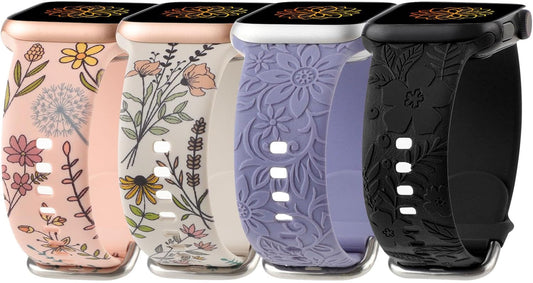 Flower Engraved Print Bands Compatible with Apple Watch Band 40Mm 41Mm 38Mm 42Mm 44Mm 45Mm 49Mm Women, Fancy Soft Silicone Sport Strap for Iwatch Series 9 Ultra 2 SE Ultra 8 7 6 5 4 3 2 1