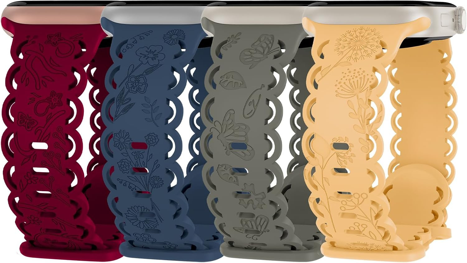 4 Pack Floral Engraved Silicone Bands Compatible with Apple Watch Band 38Mm 40Mm 41Mm 42Mm 44Mm 45Mm 49Mm Women, Soft Lace Cute Strap Flower Wristbands for Iwatch Series 9 8 7 6 5 4 3 2 1 SE Ultra