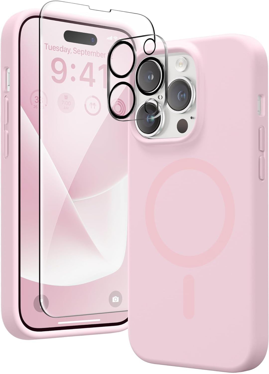 GONEZ for Iphone 14 Pro Max Case Silicone, Compatible with Magsafe, with 2X Screen Protector + 2X Camera Lens Protector, Liquid Silicone Shockproof Protective Iphone 14 Promax Case, Blue  GONEZ Pastel Pink-Ring  