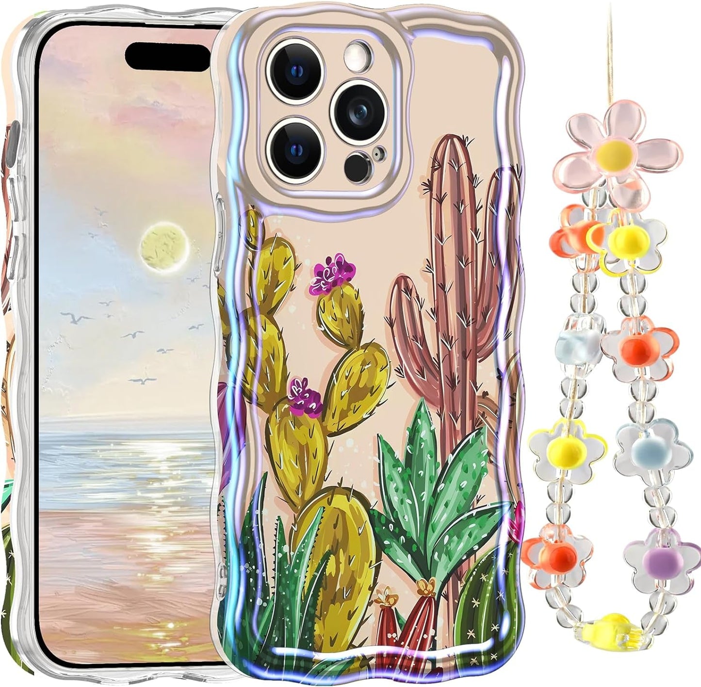 LONTECT for Iphone 14 Pro Max Case Shockproof Slim Full Body Protective Cute Curly Wave Border Camera Protection Cover+Flower Beads Chain Girls Women Case for Apple Iphone 14 Pro Max,Pink Butterfly  Lontect Colorful Cactus Apple Iphone 14 Pro Max 6.7" 