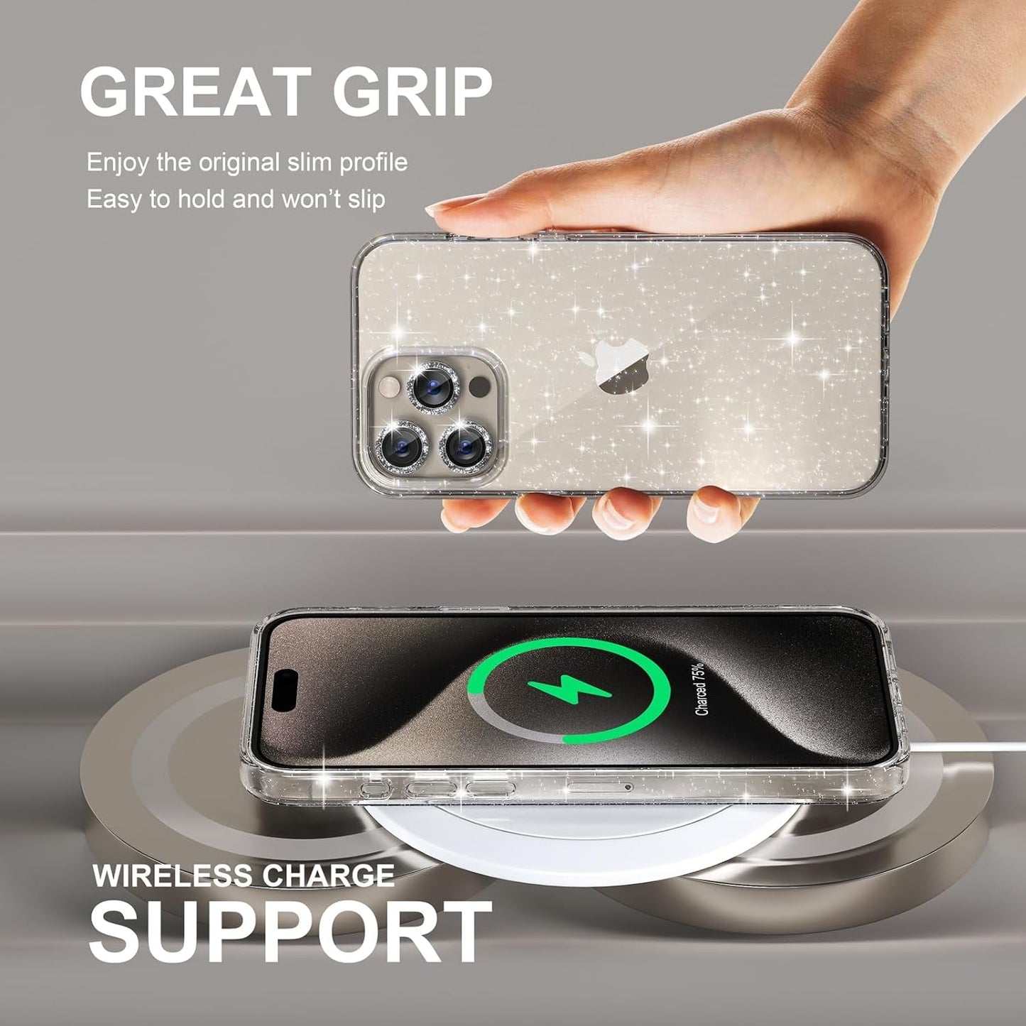 Choiche Compatible for Iphone 15 Pro Case, Women Cute Clear Glitter Bling Sparkly Case, [3 X Diamond Camera Lens Protectors] [2 X Tempered Glass Screen Protectors] 6.1-Inch (Glitter Clear)  Choiche   