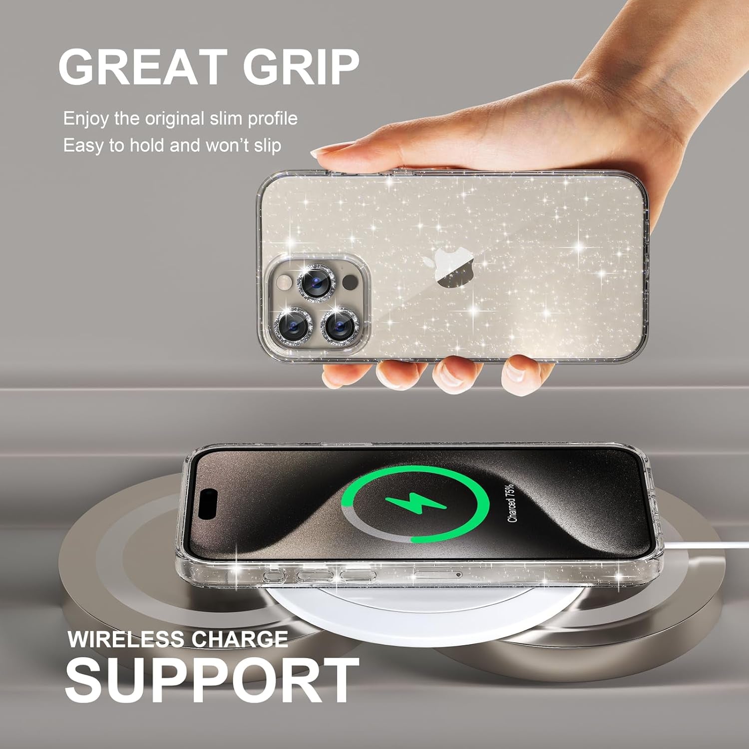 Choiche Compatible for Iphone 15 Pro Case, Women Cute Clear Glitter Bling Sparkly Case, [3 X Diamond Camera Lens Protectors] [2 X Tempered Glass Screen Protectors] 6.1-Inch (Glitter Clear)  Choiche   