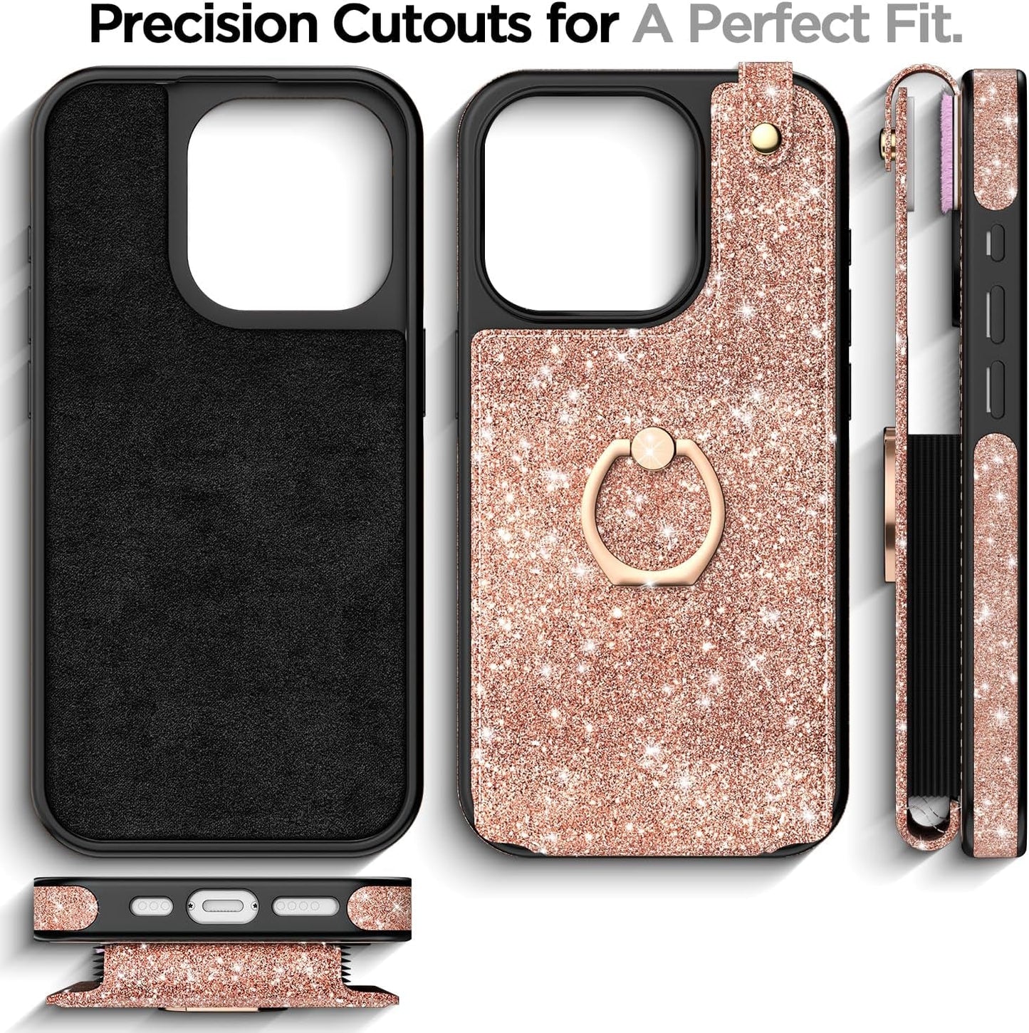 Aicase Card Holder Case Compatible with Iphone 15 Pro Max, Wallet Phone Case Glitter Sparkly Protective Cover for Women with Ring Kickstand and 8 Credit Card Slots, Rose Gold  AICase   