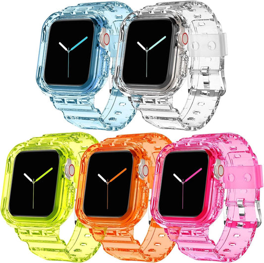 DABAOZA [5 Packs] Compatible for Clear Apple Watch Band with Bumper Case, Jelly Crystal Women Men Watch Band Sport TPU Strap with Case for Iwatch Series 9 8 7 6 5 4 3 2 1 SE Ultra 2/1